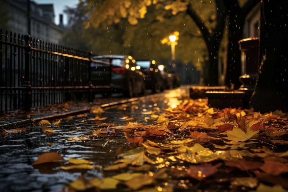Street autumn leaves rain falls plant.