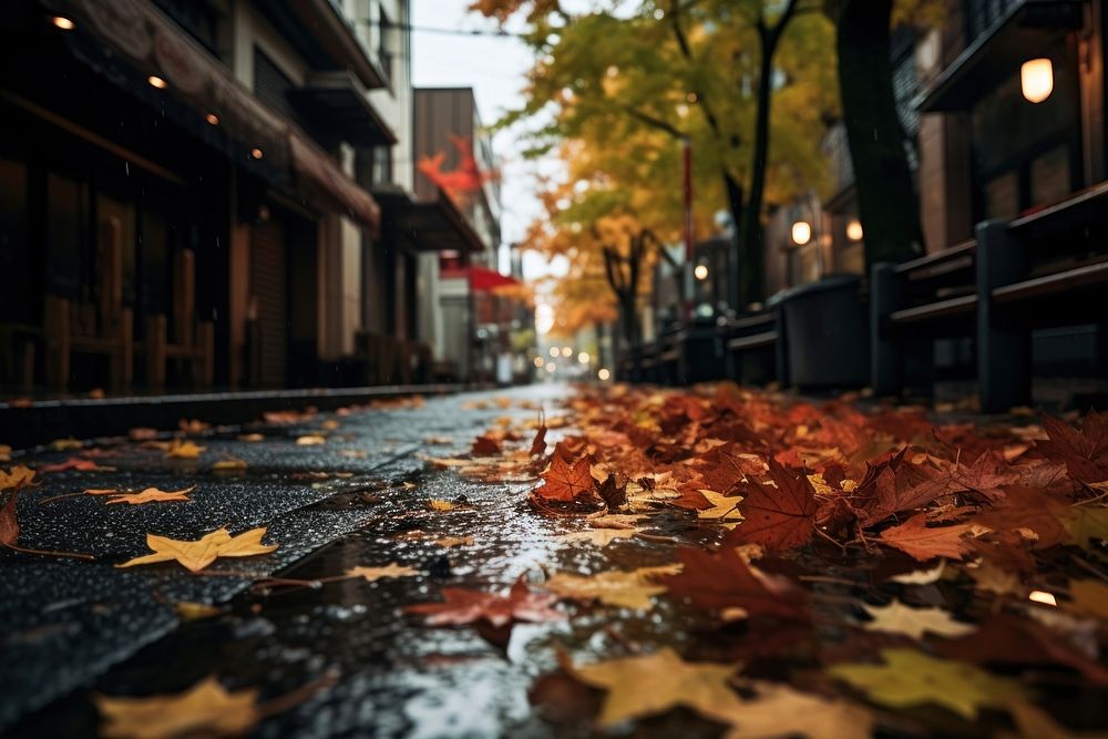 Street autumn leaves rain falls plant.