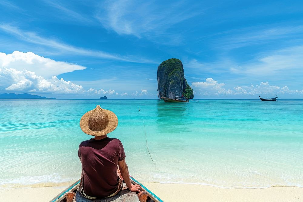 Man sitting in front of a boat outdoors vacation horizon.
