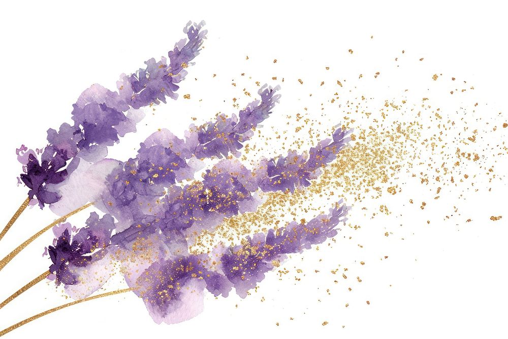 Golden glitter outline stroke with purple watercolor lavender blossom flower plant.