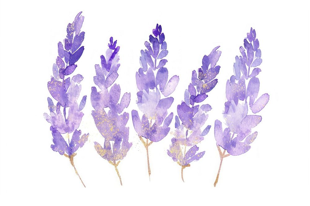 Golden glitter outline stroke with purple watercolor lavender flower plant freshness.