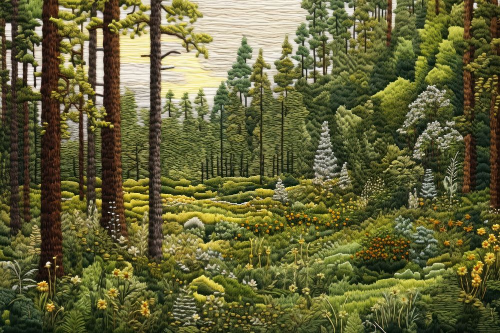 Embroidery background of a forest vegetation wilderness landscape.