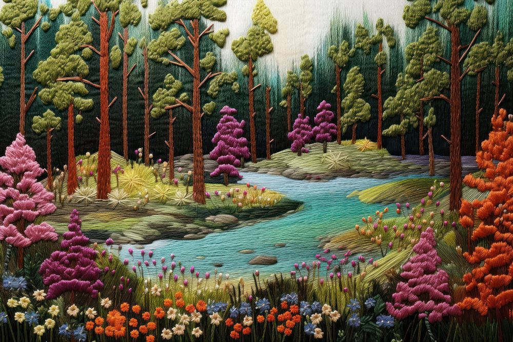 Embroidery background of a forest landscape outdoors woodland.