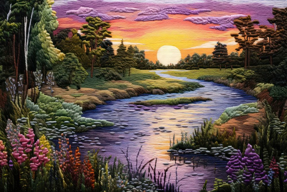 Embroidery background of a landscape outdoors painting nature.