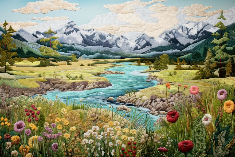 Embroidery background of a landscape wilderness outdoors painting.