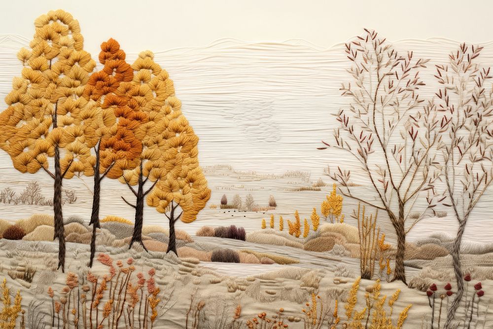 Embroidery of autumn trees outdoors painting drawing.
