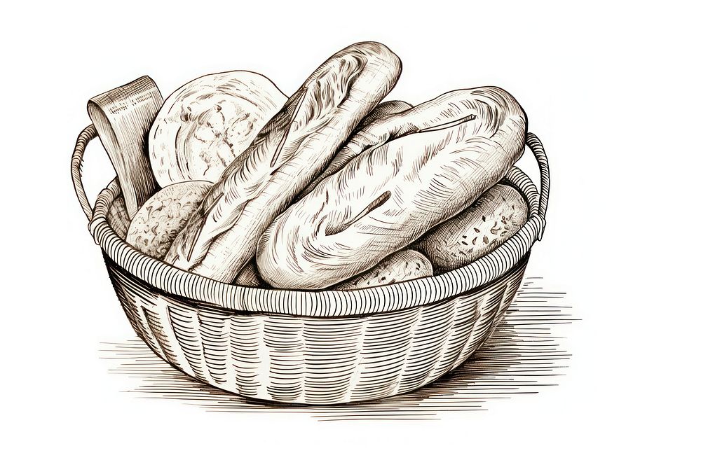  Basket of breads sketch food white background. AI generated Image by rawpixel.