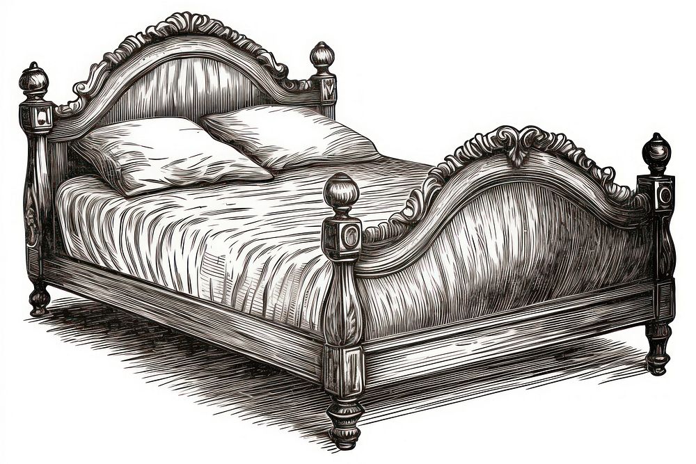  Vintage bed furniture bedroom drawing. AI generated Image by rawpixel.