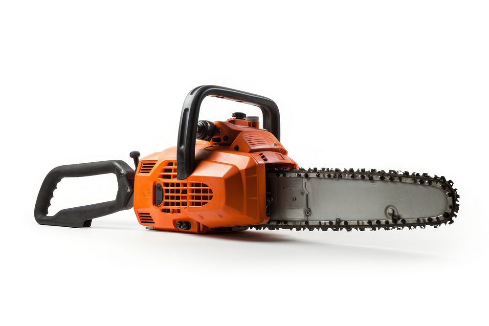 Electric chainsaw tool white background equipment.