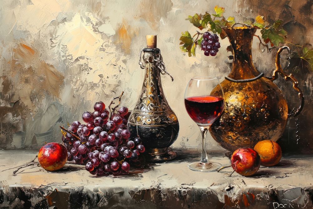 Wine painting bottle grapes.