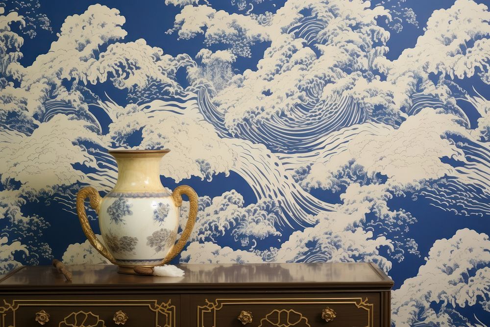 Ocean and wave wallpaper porcelain vase.