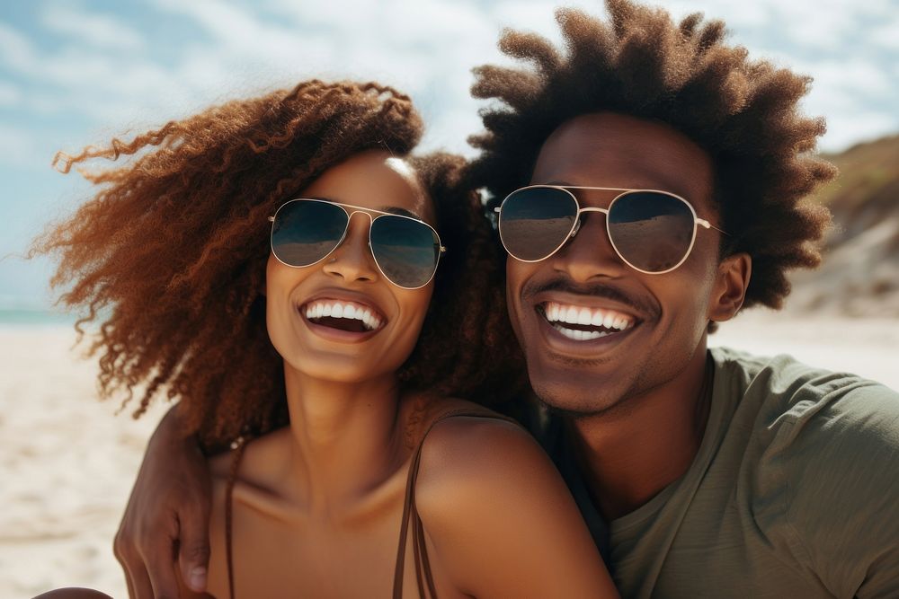 Black couple with dog sunglasses laughing summer.