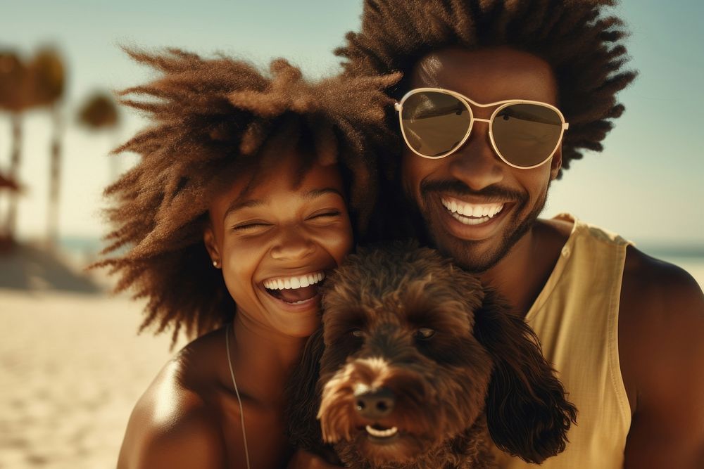 Black couple with dog summer beach sunglasses.