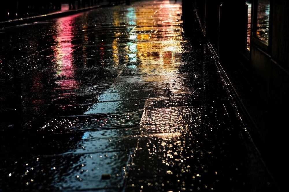 Transparent city street sunlight reflections lighting black rain.