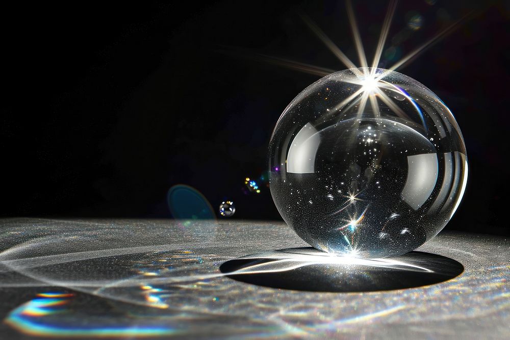 Transparent glass sunlight reflection sphere illuminated.