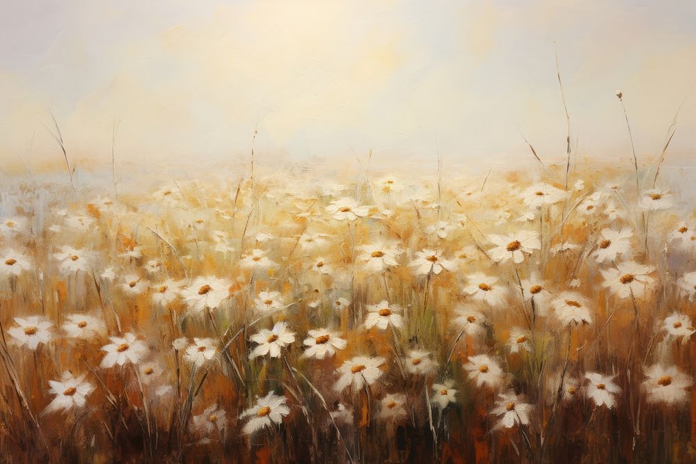 Surrealism painting of a field of daisy outdoors nature flower.