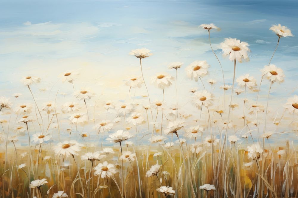 Surrealism painting of a field of daisy landscape outdoors flower.