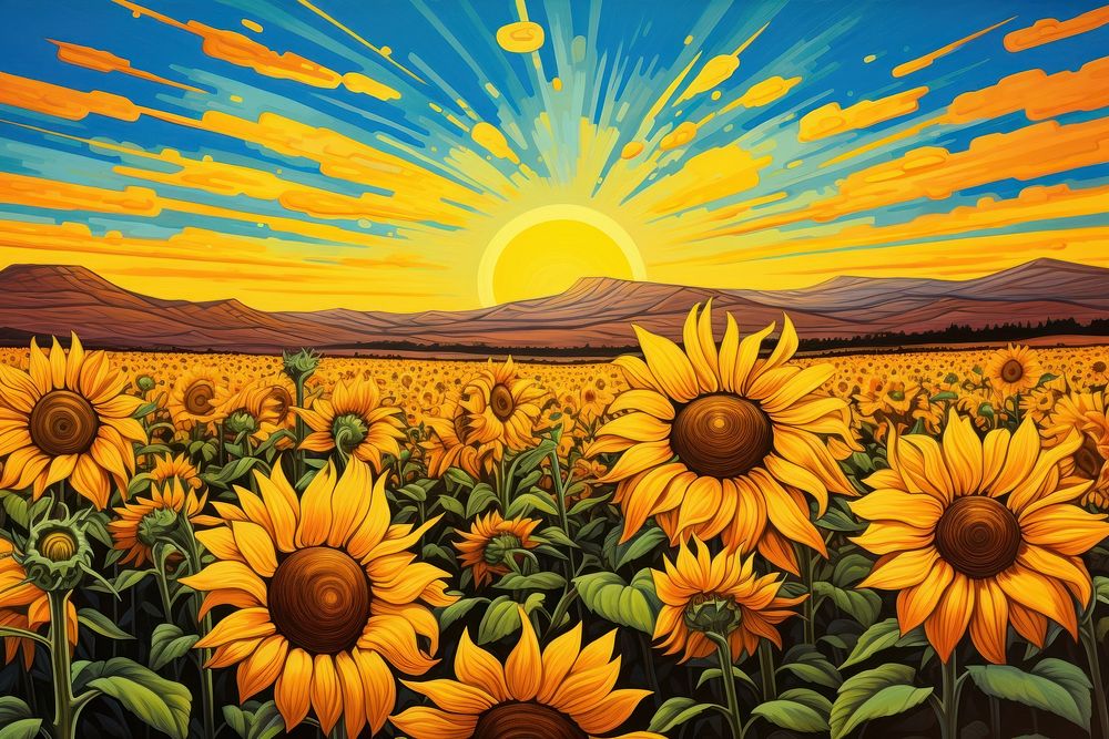Surrealism painting of a field of sunflower art agriculture landscape.