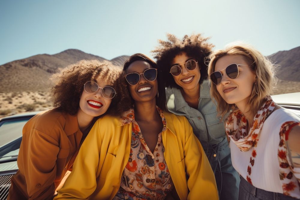 4 diverse young women enjoying a road trip sunglasses laughing portrait.