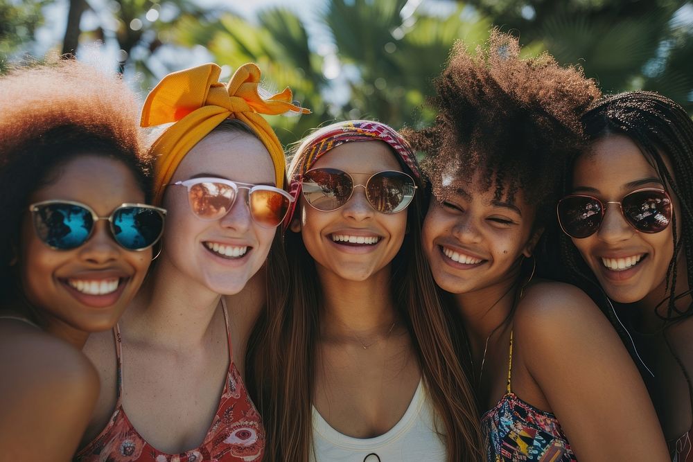 4 diverse young women enjoying the weather sunglasses laughing portrait.