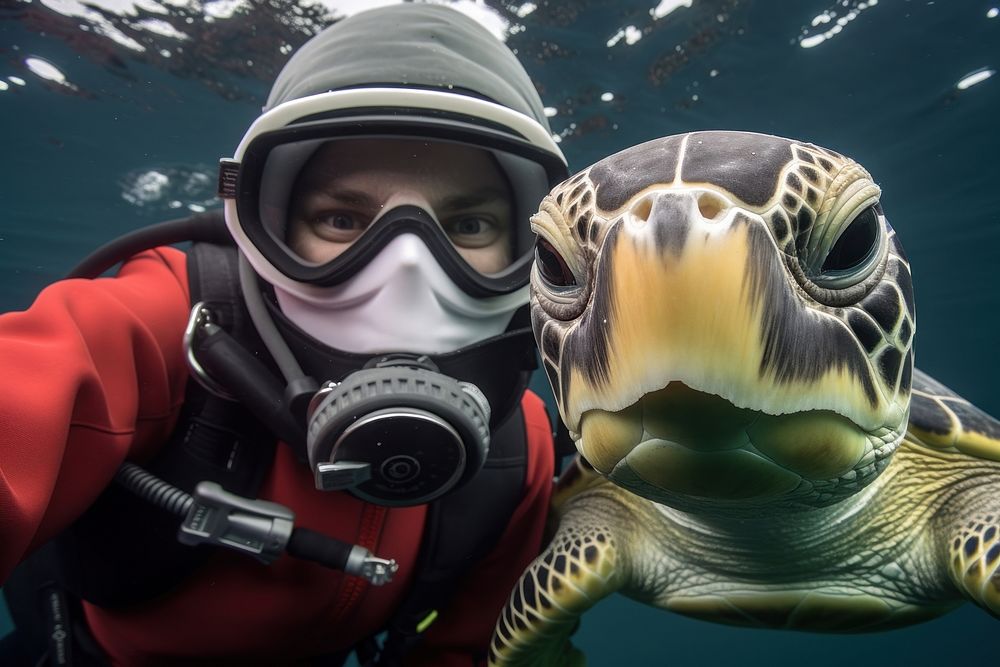 Turtle and young diver animal adventure swimming.
