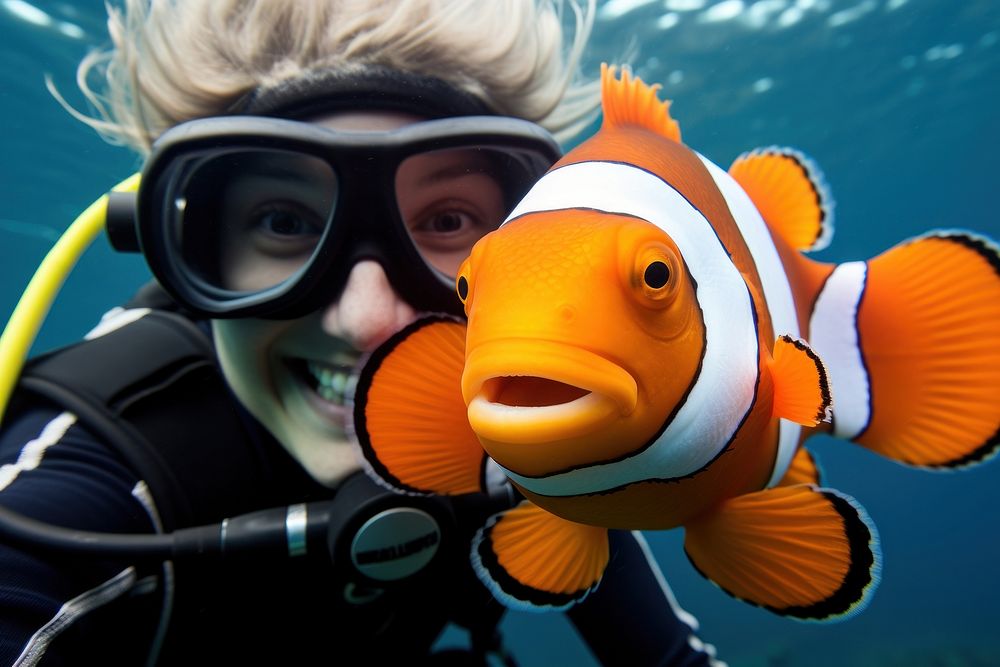 Clownfish and young diver animal recreation adventure.