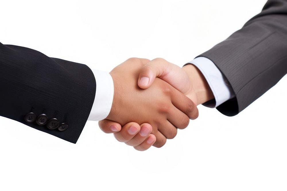 2 men shaking hands in a business meeting handshake white background agreement.