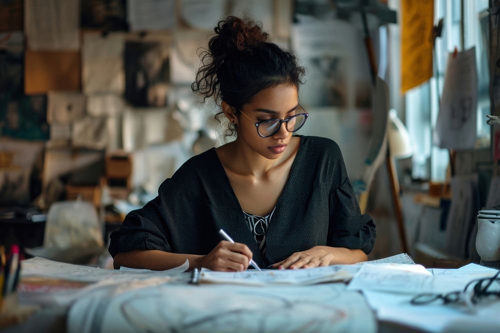 Young multi ethnic female designer at work glasses writing adult.
