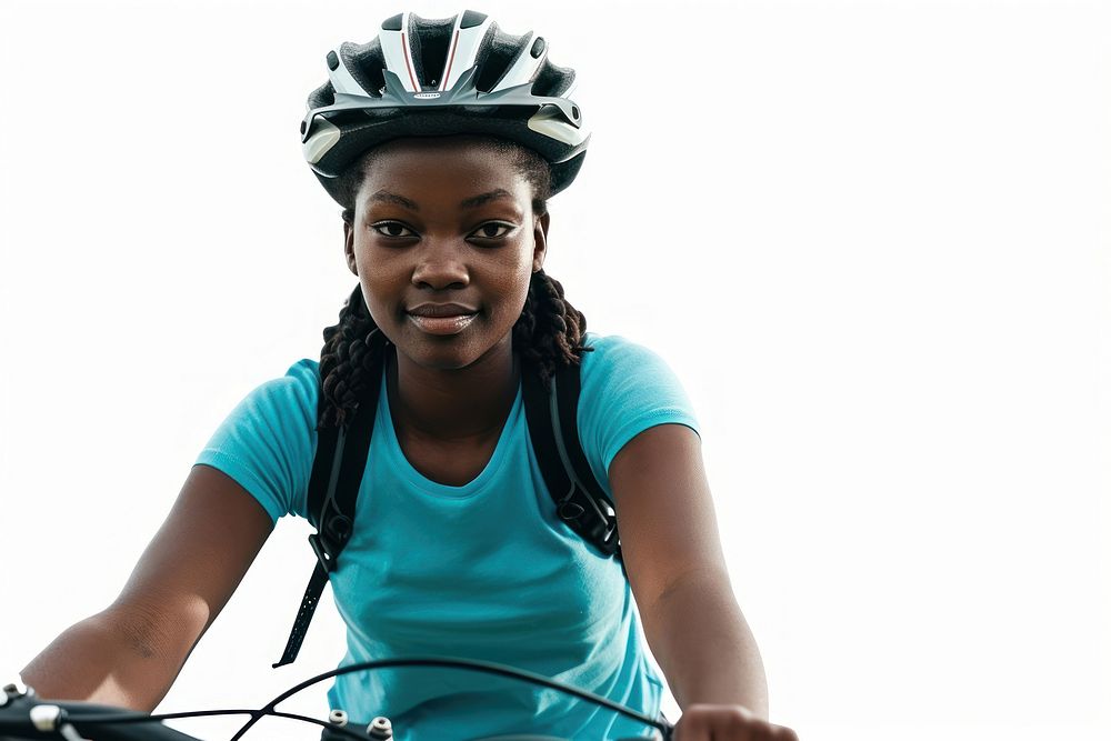 Black woman cycling bicycle vehicle helmet.