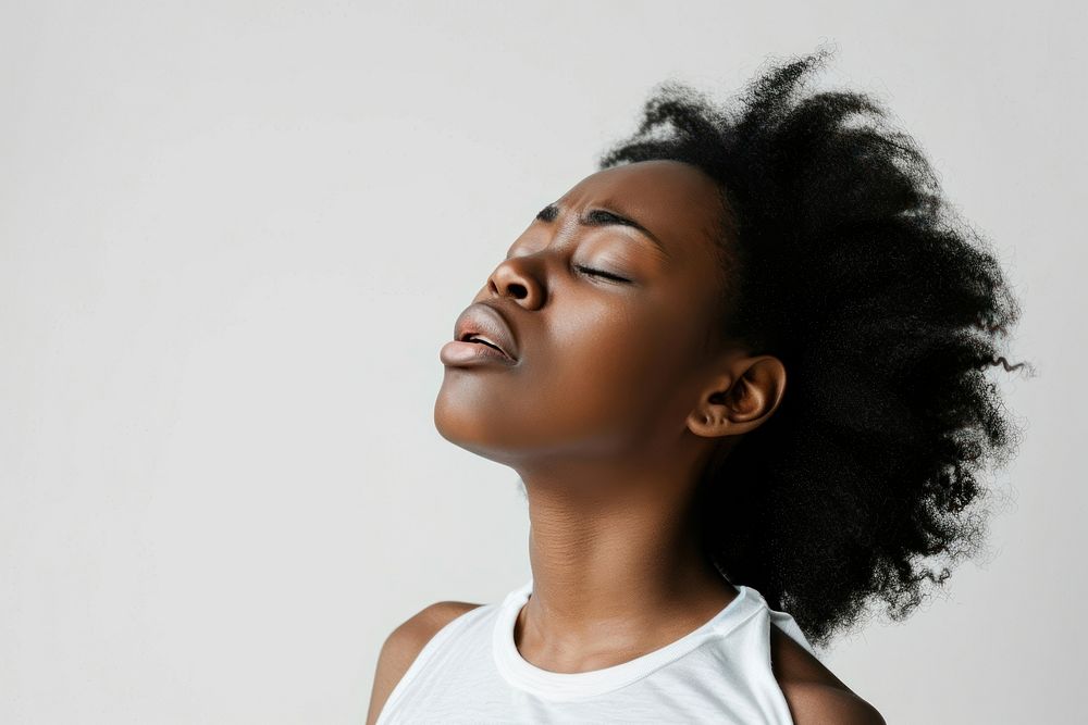 Black woman having difficulty in breathing adult white background contemplation.