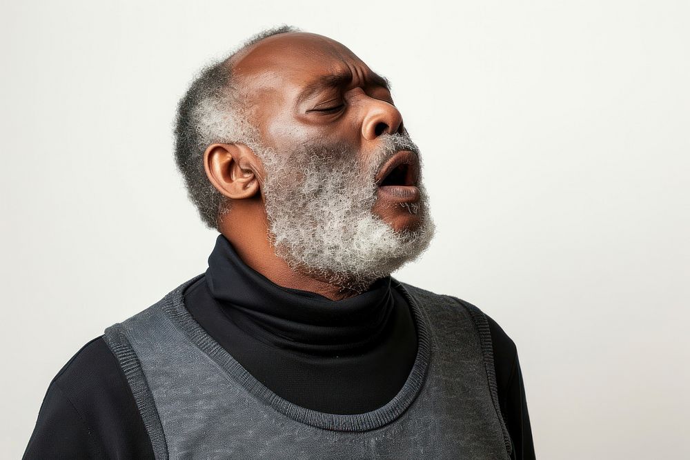 Black mature man having difficulty in breathing adult contemplation moustache.