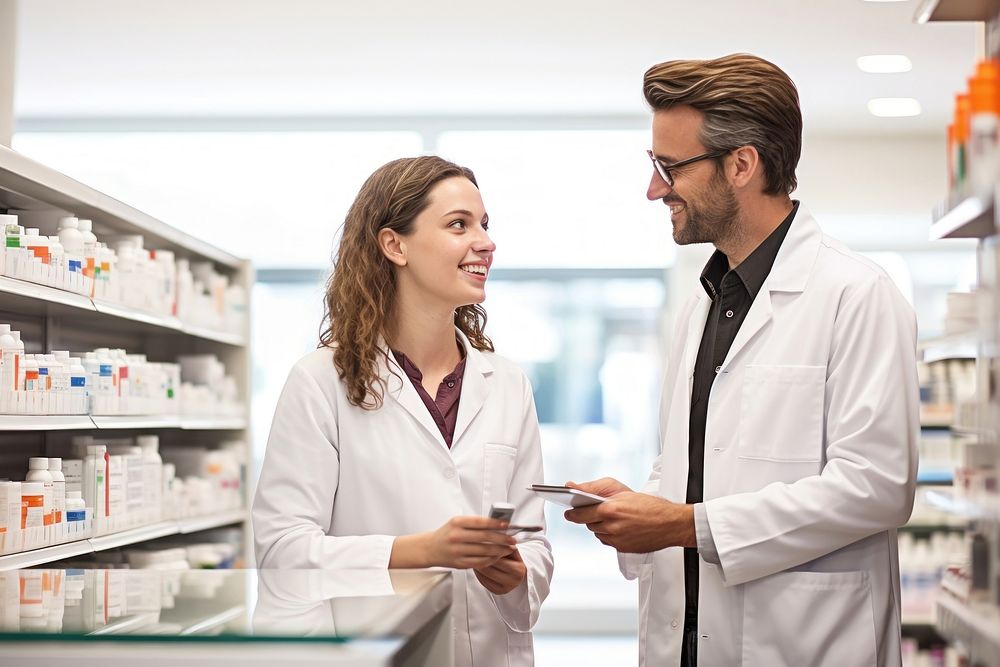 Female pharmacist talk to a customer pharmacy adult biochemistry.