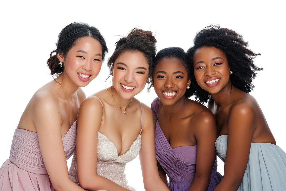 A group of 4 diverse bridesmaid wedding adult smile.
