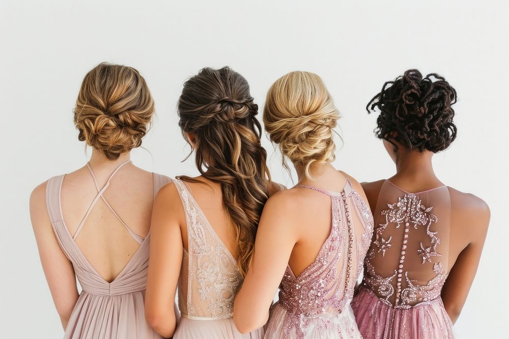 A group of 4 diverse bridesmaid back wedding dress.