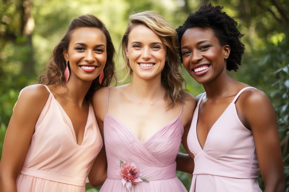 A group of 3 diverse bridesmaid laughing wedding adult.