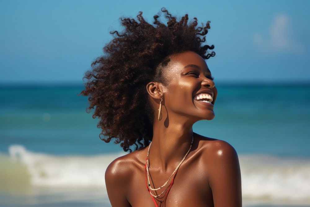 Happy African woman beach smile adult.