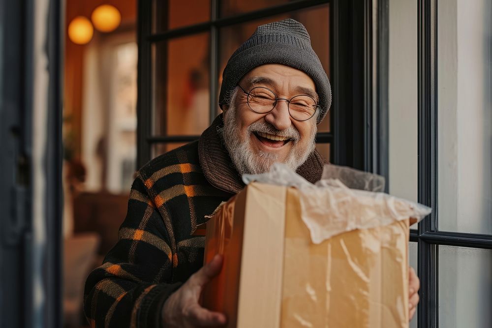 Happy mature man with open parcel at home adult box architecture.