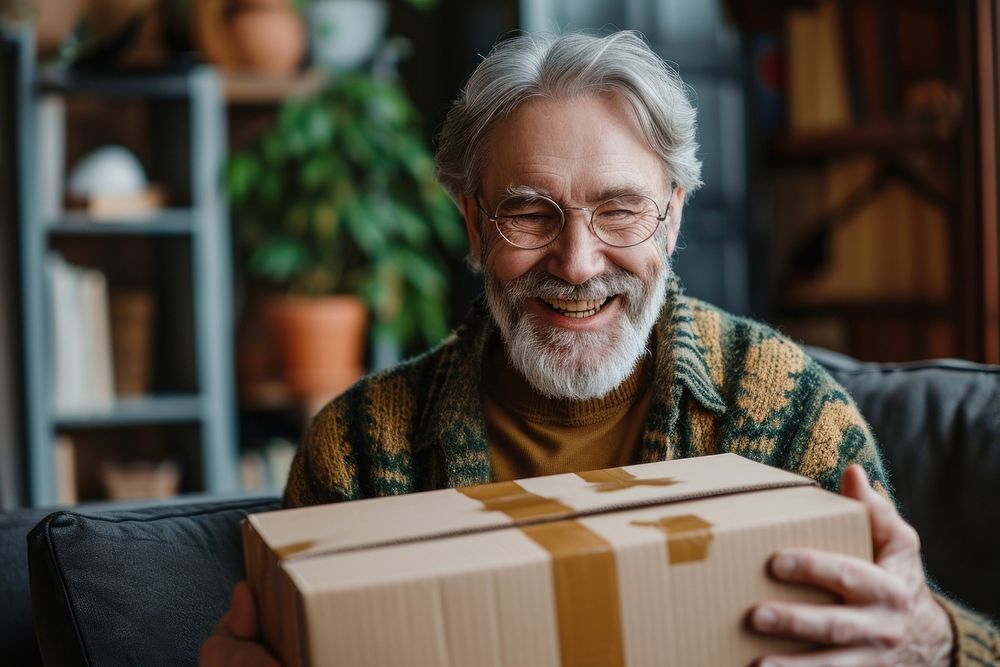 Happy mature man with open parcel at home glasses adult box.