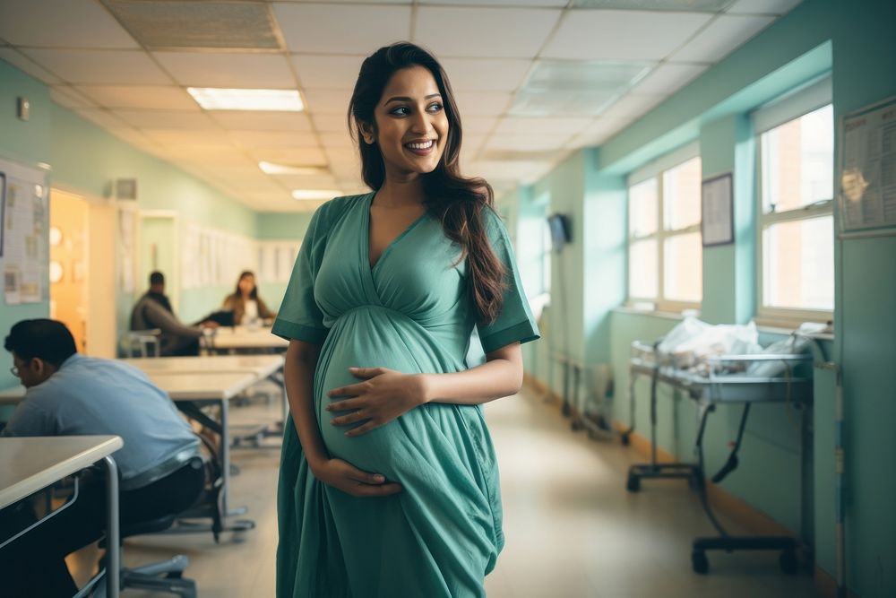 Happy pregnant woman in a hospital architecture adult anticipation.