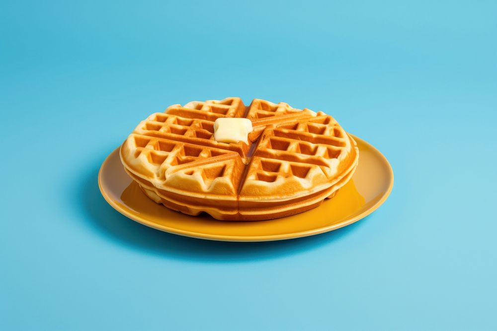 Homemade waffle on a blue plate dessert yellow food.