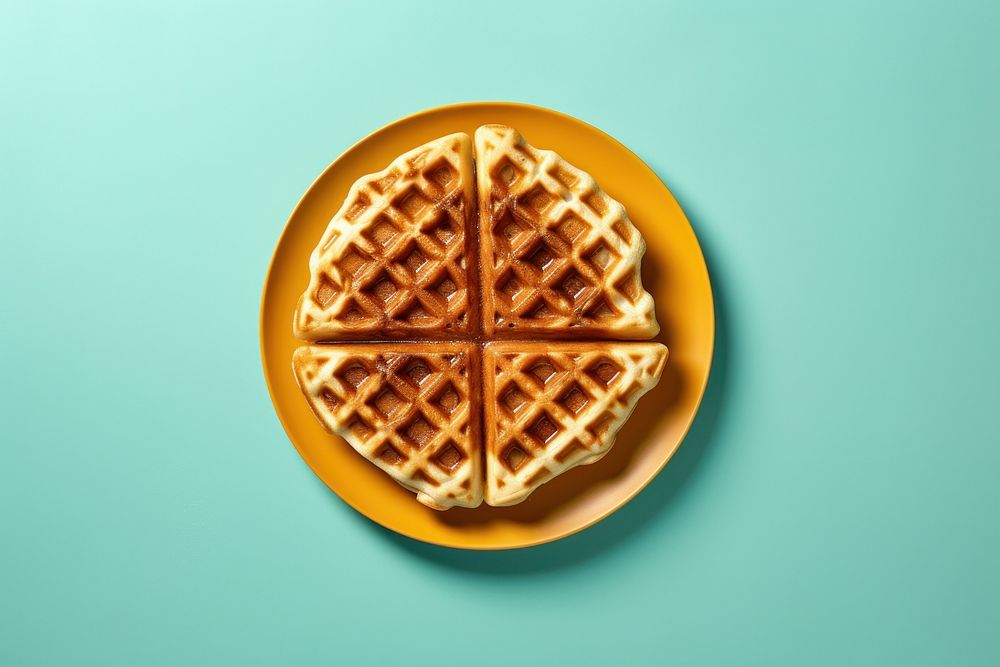 Homemade waffle on a blue plate yellow food accessories.
