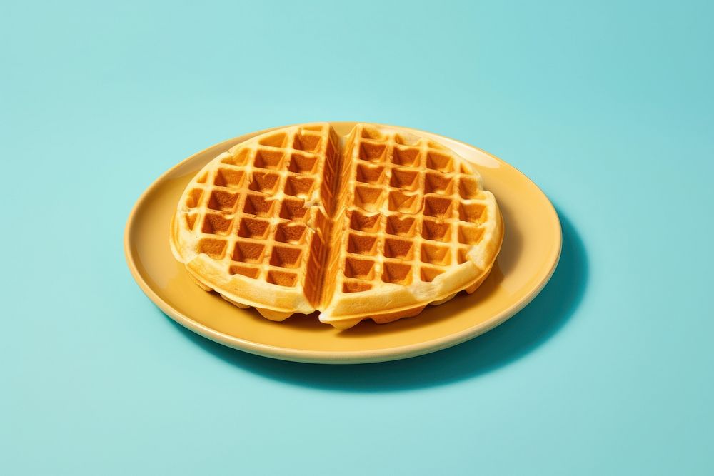 Homemade waffle on a blue plate yellow food yellow background.