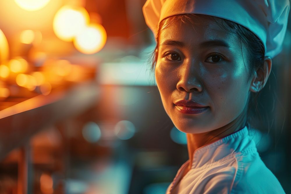 Laos female chef restaurant portrait illuminated.