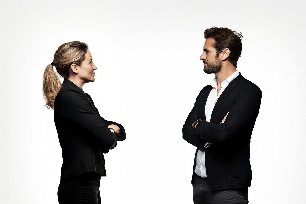 Man and woman in a conversation adult white background togetherness.