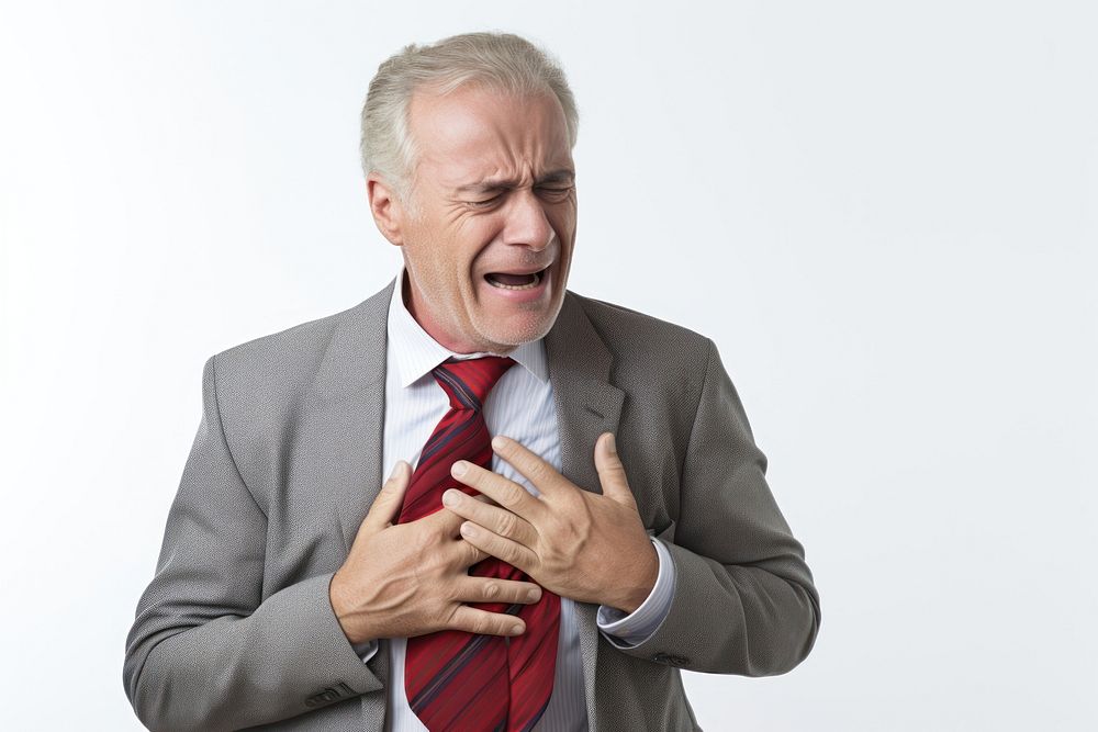 Man suffering chest pain adult white background frustration.