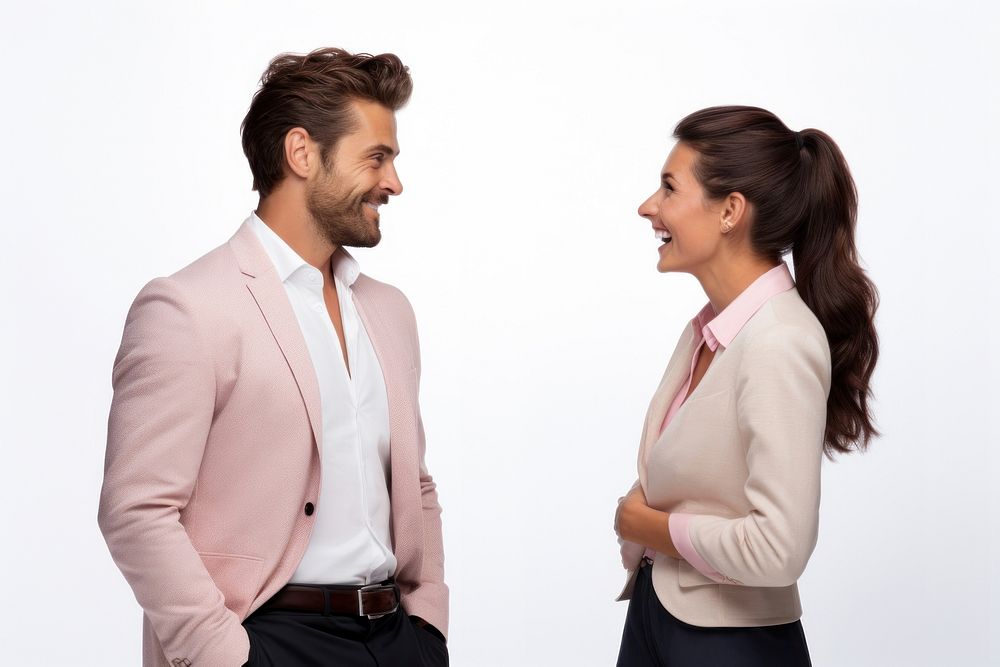 Man talking to a woman adult white background togetherness.