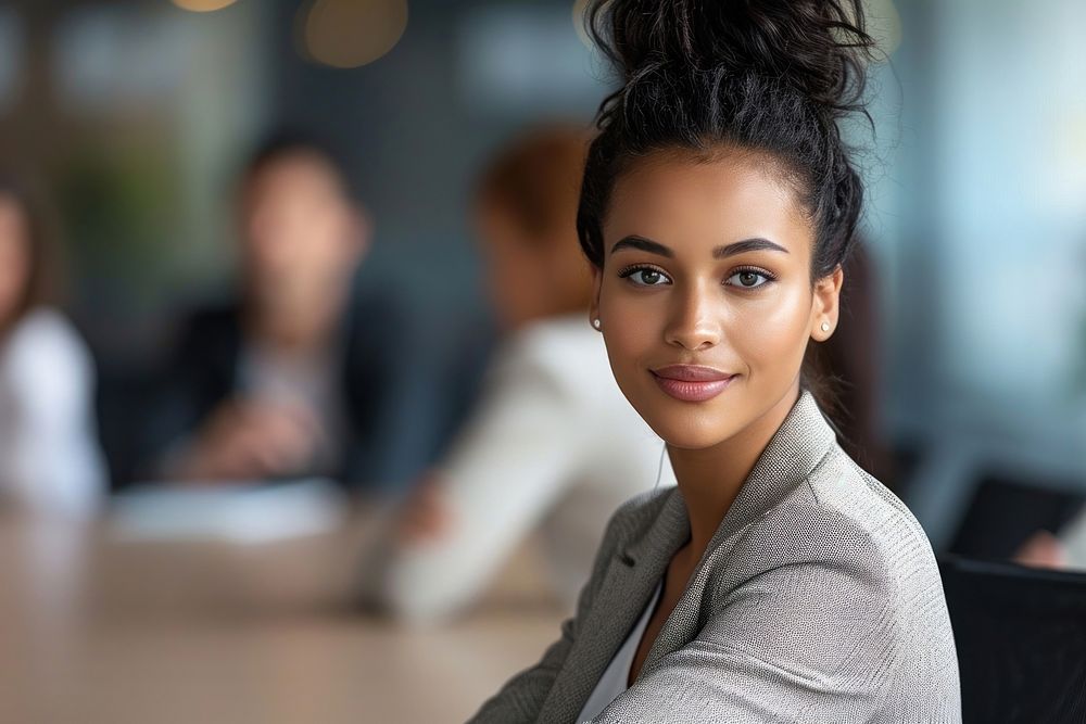 Mixed race young business woman at office meeting smile adult relaxation.