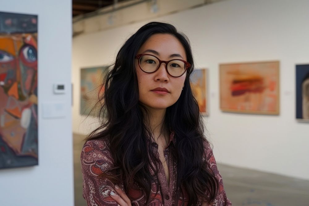 Multi ethnic art curator at gallery painting portrait glasses.