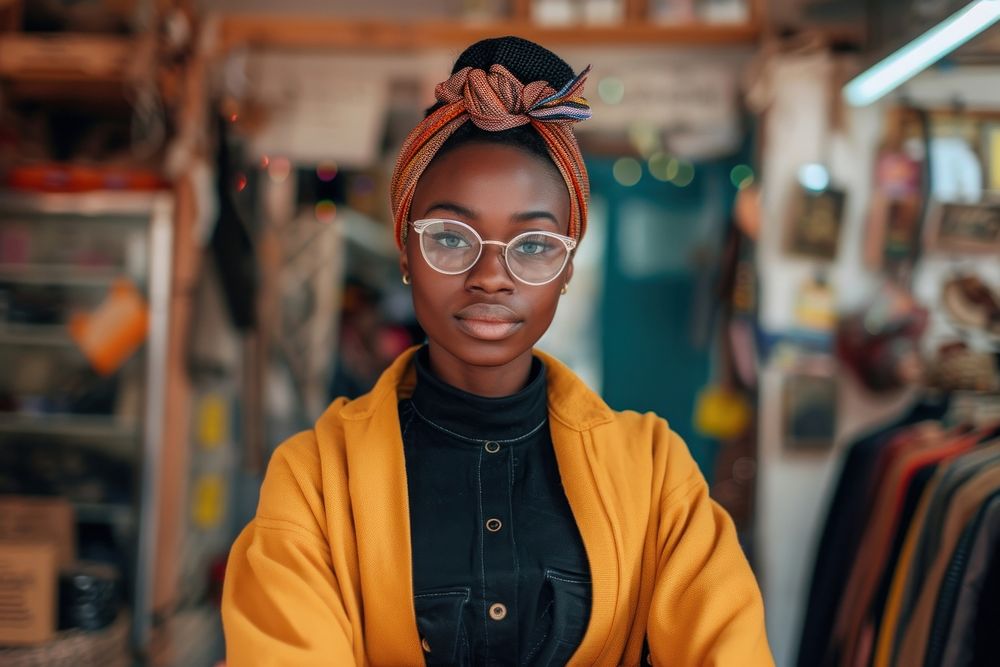 Multi ethnic fashion designer at minial shop portrait glasses adult.