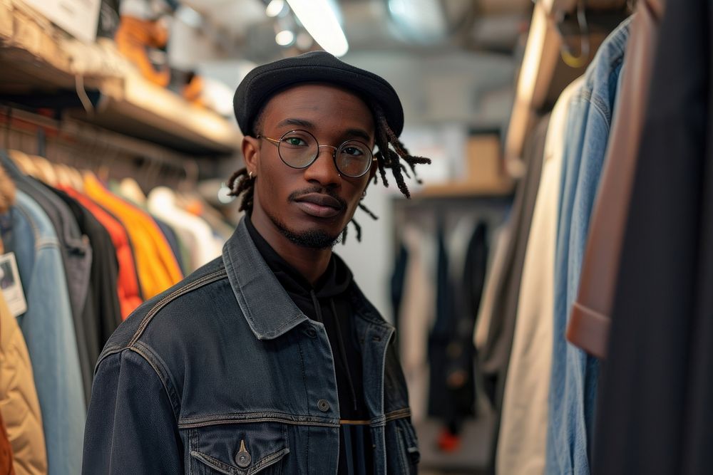 Multi ethnic fashion designer at minimal clothe shop portrait glasses jacket.